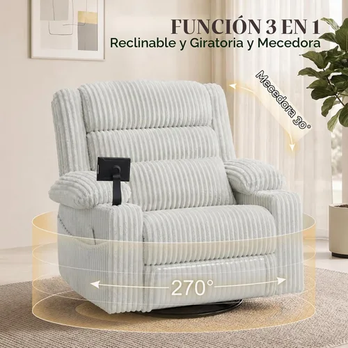 Vista 5 de Sillón reclinable giratorio eléctrico con masaje y calor, USB A y C Gris pálido