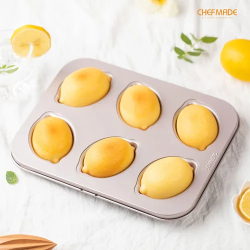 Vista 3 de CHEFMADE Molde para magdalenas, 6 cavidades antiadherentes en forma de limón para hornear al horno (dorado champán)