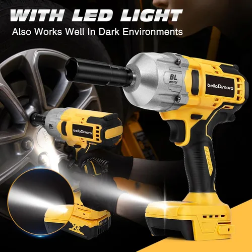Vista 5 de Llave de impacto inalámbrica bellaDimora compatible con batería Dewalt de 20 V Brushless Motor, Auto-Stop Reverse, LED Light, 32-Piece Kit, Tire