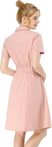 Vista 5 de Allegra K Vestidos de safari para mujer, de manga corta, de algodón, con cuello abotonado, vestido camisero