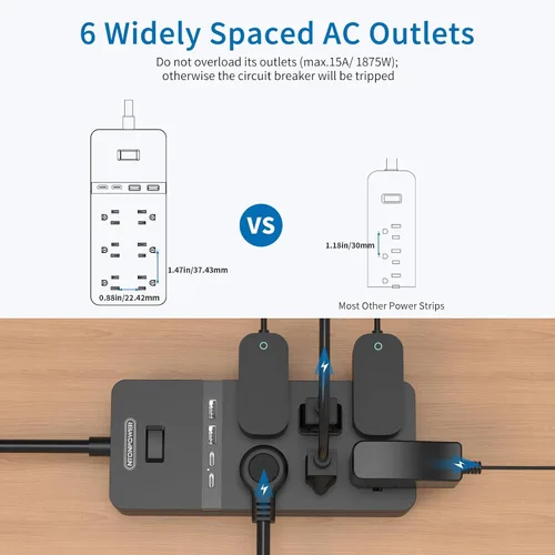 Vista 6 de Protector de sobretensiones de 2 puntas con cable de extensión de 10 pies, adaptador de toma de 2 puntas a 3 puntas NTONPOWER con 6 tomas y 2
