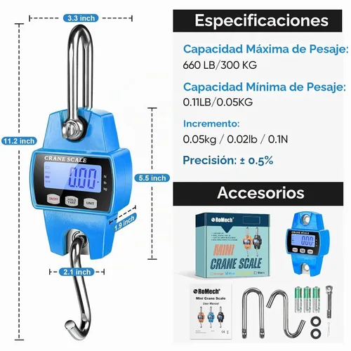 Vista 4 de RoMech 660lb Báscula digital para colgar con estuche de aluminio fundido, mini grúa de mano de 300Kg con ganchos para granja, caza, pesca Azul