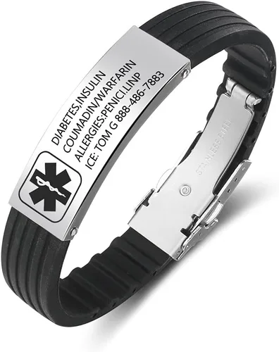 Vista 8 de Pulsera personalizada de silicona, pulsera médica deportiva de identificación de emergencia para hombres, mujeres y niños, grabado gratuito