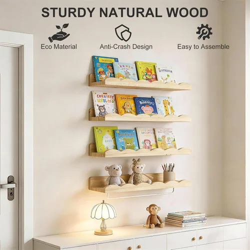 Vista 4 de Fixwal Estantes flotantes de 16.5 pulgadas para libros de guardería, juego de 4 estantes de pared festoneados con toallero para niños, habitación