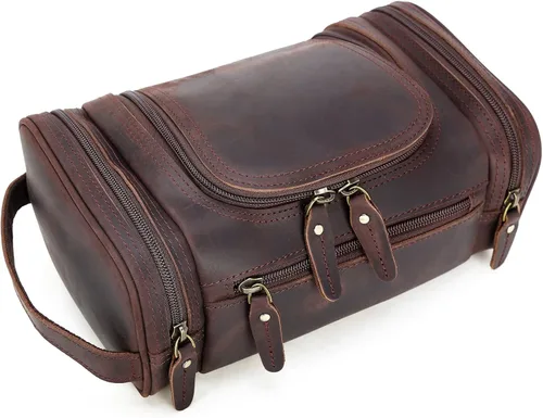 Vista 10 de Polare - Neceser de cuero de grano completo, kit de afeitado, estuche de viaje, bolsa de lavado con cremalleras YKK A- marrón oscuro