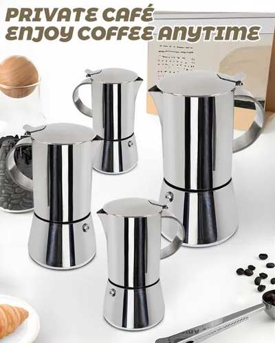 Vista 6 de Cafetera Express de acero inoxidable 304, 2 tazas de 3.3 oz/3.4 fl oz, cafetera italiana para el hogar, cocina y campamento, todas las estufas