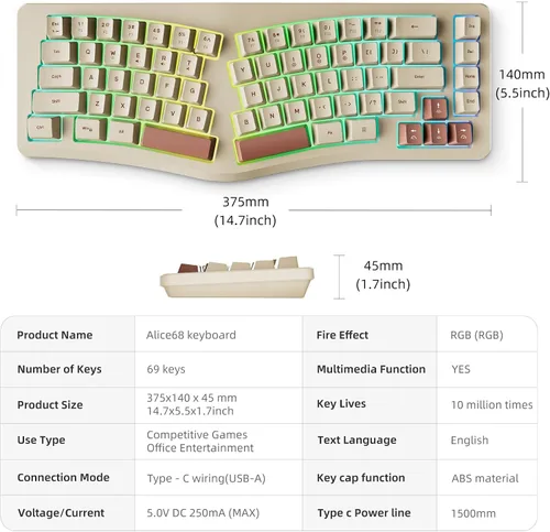 Vista 8 de 7KEYS Teclado ergonómico con cable, mini teclado compacto dividido de 69 teclas, retroiluminación RGB de 14+, cable USB tipo C desmontable