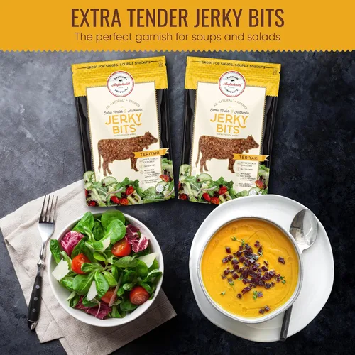 Vista 2 de Aufschnitt Jerky Bits - Bocadillos saludables hechos de carne de res y pollo, con alto contenido de proteínas, kosher y apto para dieta cetogénica