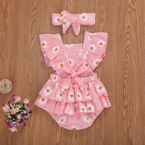 Vista 4 de Bebé Niñas Impresión Margarita Algodón Lino Volantes Sin Mangas Mameluco Mono Mono con Headaband Ropa Infantil Verano