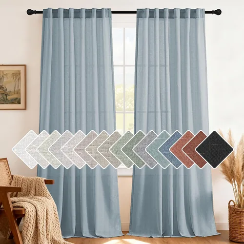 Vista 24 de H.VERSAILTEX Cortinas de lino natural de 63 pulgadas de largo para sala de estar, 2 paneles con trabillas traseras y bolsillo, texturizadas