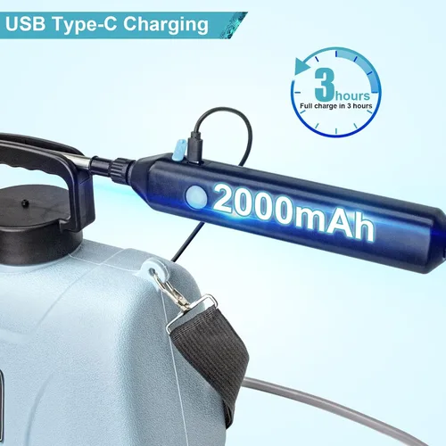 Vista 4 de SZHLUX Pulverizador a batería de 1.35 galones, pulverizador eléctrico mejorado con mango USB, varita telescópica, 3 boquillas de niebla y correa