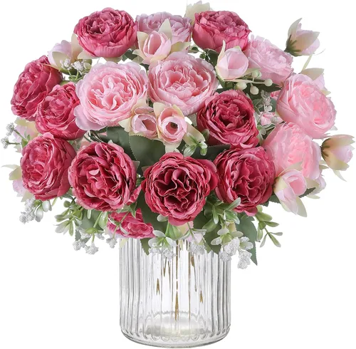 Vista 16 de 2 racimos de flores artificiales de peonía beige, ramo de peonías de seda para bodas, fiestas, centros de mesa, arreglos florales, decoración