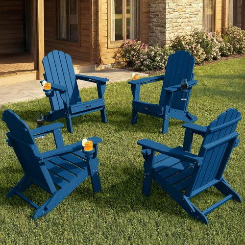 Vista 10 de Silla Adirondack plegable, silla Adirondack de HDPE con 2 soportes para tazas, sillas para fogatas al aire libre de fácil montaje para patio