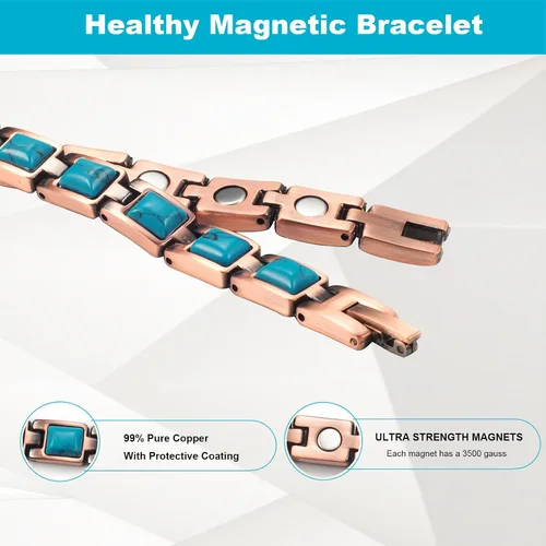 Vista 4 de Pulsera de cobre para mujer, ajustable con Easy Link azul turquesa puro cobre magnético, 3500 Gauss efectivo, Acero inoxidable Cobre Latón