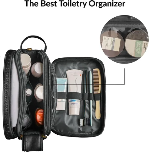Vista 8 de Dot&Dot Neceser de cuero para hombres y mujeres – Espaciosas bolsas de artículos de tocador de viaje para mujer (cocodrilo negro)