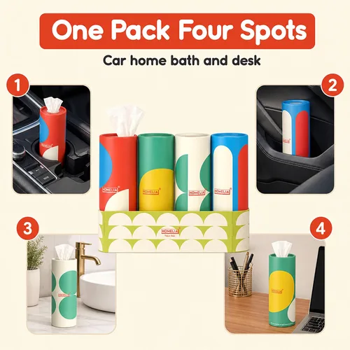 Vista 3 de Soporte para pañuelos de coche con pañuelos faciales, 4 botes, paquete a granel de viaje, cajas redondas de cubo, repuesto para tubos Kleenex, cajas