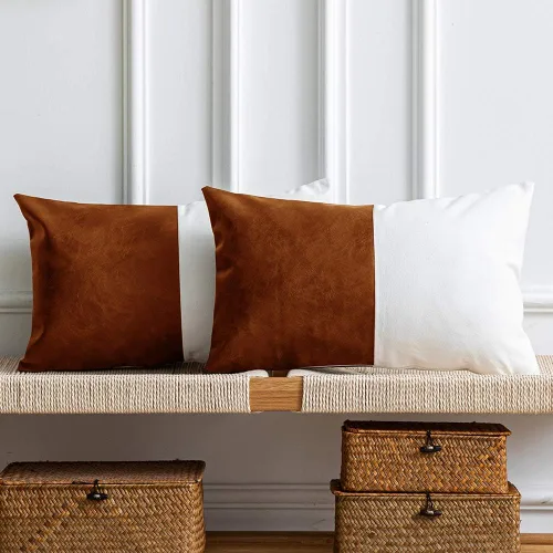 Vista 8 de Juego de 2 fundas de almohada decorativas de cuero sintético con 100% algodón para sofá, cama, decoración moderna del hogar, cuadradas