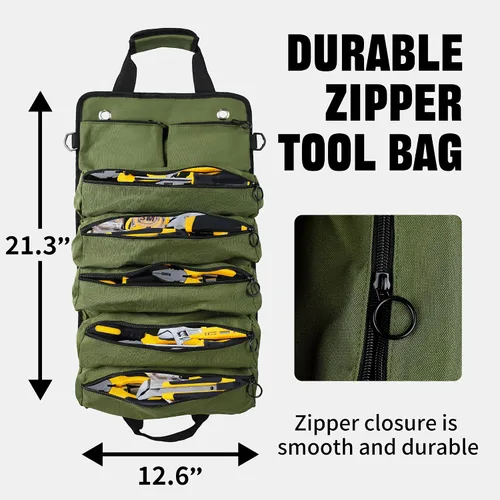 Vista 2 de Bolsa de herramientas portátil plegable enrollable impermeable con 5 compartimentos y 2 bolsillos desmontables, bolsa de herramientas resistente