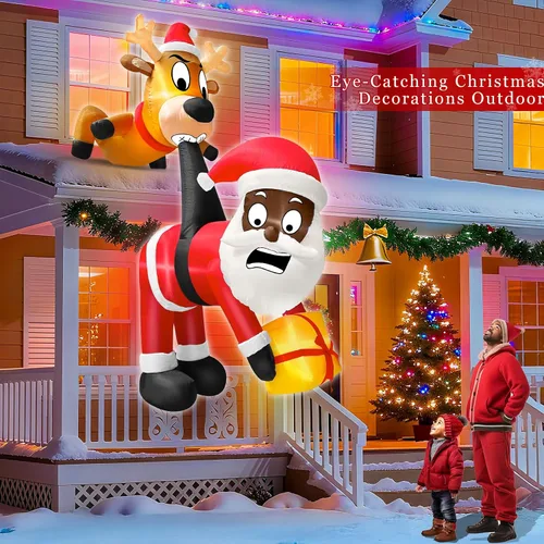 Vista 4 de Reno inflable de Navidad de 6 pies y Papá Noel trepador, divertida decoración colgante al aire libre con luz LED incorporada, decoración de patio