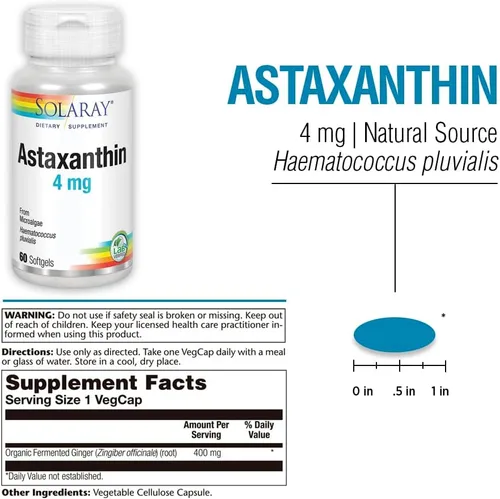 Vista 3 de SOLARAY Astaxantina 4 mg Antioxidante Ojo saludable, piel, función cardiovascular y apoyo articular 60 cápsulas blandas