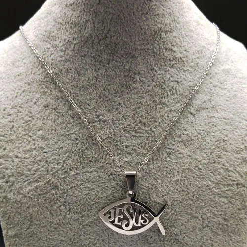 Vista 3 de KOOLKING - Collar de cadena de acero inoxidable para mujer, color plateado, collar de declaración de Jesús, joyería de acero inoxidable