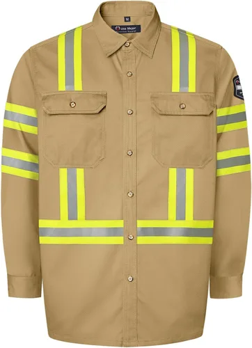 Vista 10 de Camisas FR grises para hombre, sarga de algodón de 7.5 onzas, manga larga, ajuste regular, cuello de punto, cuello Henley, 2 bolsillos de parche
