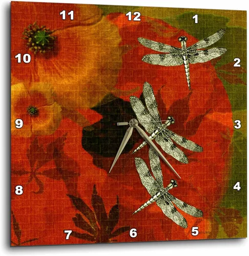 Vista 2 de Reloj de pared 3D con diseño de amapolas y libélulas, 10" x 10