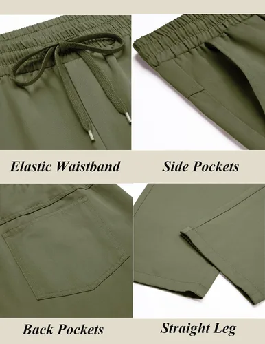 Vista 5 de COOFANDY Pantalones casuales con cordón para hombre, ajuste regular, cintura elástica, algodón básico, pierna recta, pantalones cargo