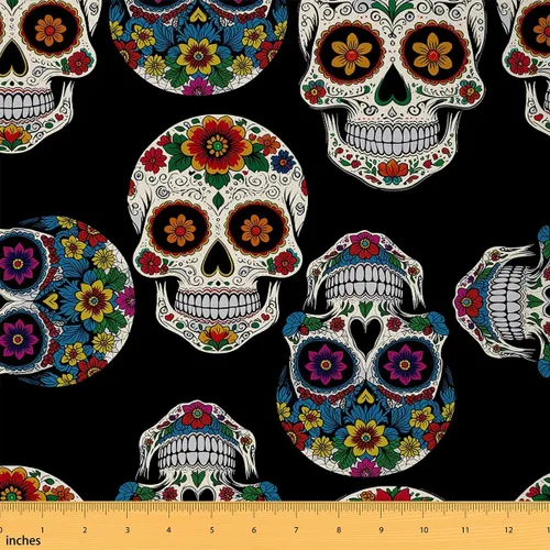 Vista 9 de The Yard - Tela de esqueleto de flores en acuarela para sillas, exótica, tribal, floral, estampado de calavera, tela de tapicería para artes, plumas