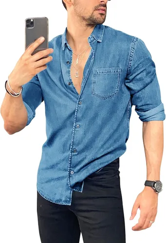 Vista 2 de Runcati Mens Denim Shirt Long Sleeve Casual Button Up Regular Fit Jean Work Durable Shirt with Chest Pocket
