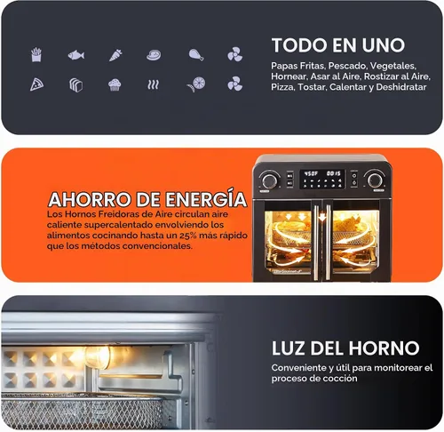 Vista 2 de Elite Gourmet EAF9010B Exterior Completamente de Acero, Horno de Convección de Puerta Francesa de 24.5 Qt. para Encimera, Capacidad Extra Grande