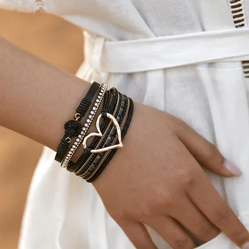 Vista 3 de Fesciory Pulsera de leopardo para mujer, pulsera de cuero bohemio multicapa con perlas de cristal