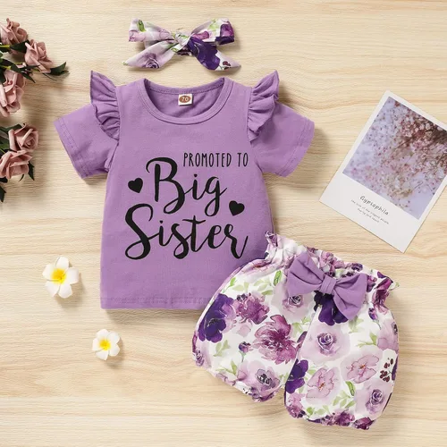 Vista 7 de Trajes florales para niñas y niñas, promovido a hermana mayor, camisa de manga corta + pantalones cortos con lazo floral + diadema, 3 piezas de ropa