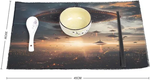 Vista 2 de Laminated Alienes Invasion Flying Saucer Spaceship Placemats Set of 6 Resistant Table Mats Washable Place Mats for Dinner Party Table Decoration