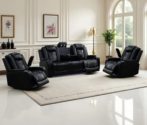 Vista 74 de Juego de sofás reclinables eléctricos, juegos de muebles de sala de estar, sofá reclinable eléctrico moderno negro, sofá biplaza y silla