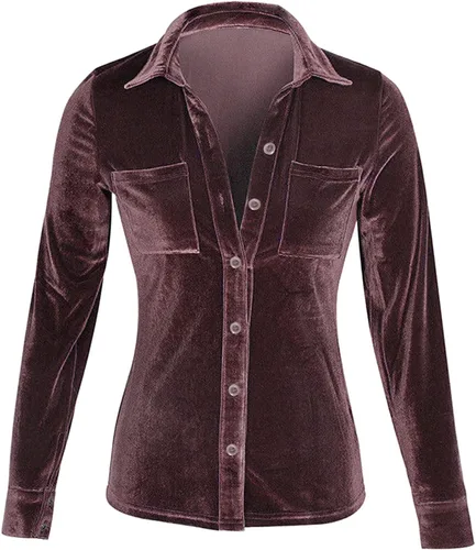 Vista 3 de Women's Long Sleeve Solid Elegant Shirt Velvet Button Down Blouse Oversized Basic Tunic Going Out Work Tops with Pockets