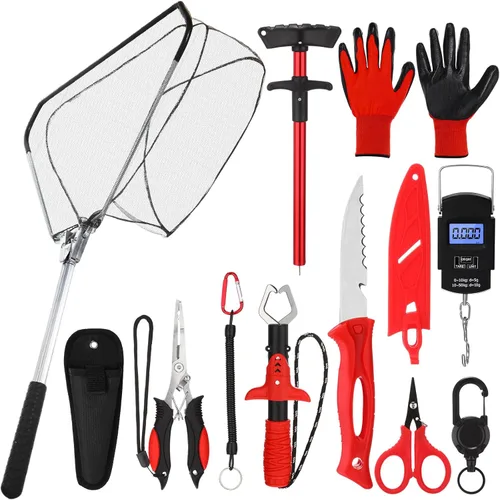 Vista 8 de RoundFunny Kit de herramientas de pesca de 10 piezas, alicates de pesca con cordón y fundas protectoras, salabre, cuchillo de filete, balanza