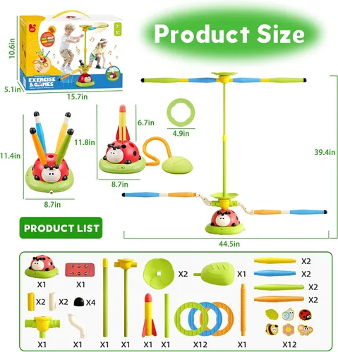 Vista 8 de Juguetes Musicales de Salto 5 en 1, Juego de Lanzar Anillos Pisoteando Lanzacohetes para Niños, Juguetes de Evitar Obstáculos y Saltar en Cuclillas