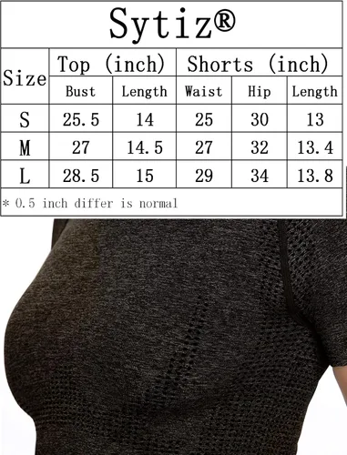 Vista 7 de Sytiz Conjunto de 2 piezas de yoga sin costuras para mujer, pantalones cortos de gimnasio y camiseta corta de manga corta