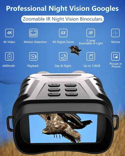 Vista 2 de Gafas de visión nocturna 4K, binoculares, regalo para hombres y adultos, zoom digital 8X, potente luz IR ajustable, visión de hasta 1312 pies
