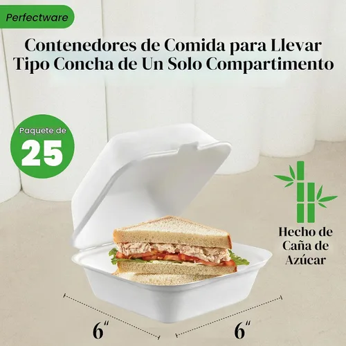 Vista 3 de Recipientes de comida para llevar con un solo compartimento 100% compostable, 6 x 6 pulgadas. 25 envases, bagazo desechable natural, biodegradable