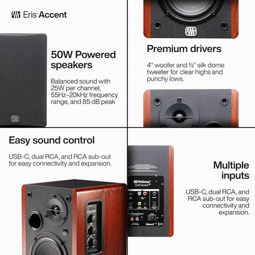 Vista 9 de PreSonus Eris Accent - Altavoces de estantería alimentados de 50W con cable, altavoces estéreo para tocadiscos, mesa de trabajo y hogar, múltiples