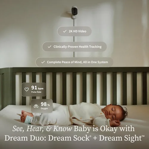 Vista 2 de Owlet Dream Duo (Gen 3) Smart Baby Monitor All-in-One Bundle - 2K HD Video Baby Monitor with Alerts & Owlet Dream Sock Tracks Baby’s Oxygen, Heart
