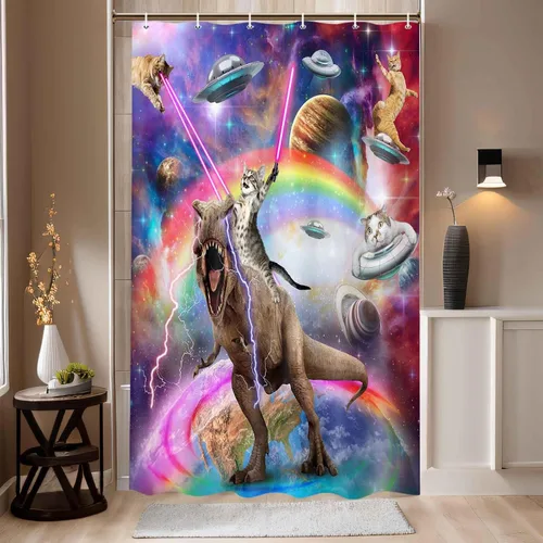 Vista 19 de Divertida cortina de ducha con diseño de gato con gorila en la selva, decoración de baño de animales humorísticos en blanco y negro, juego