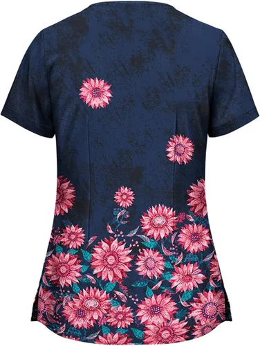 Vista 2 de Ropa de trabajo con estampado de animales para mujer, camisetas de manga corta con cuello en V y bolsillos