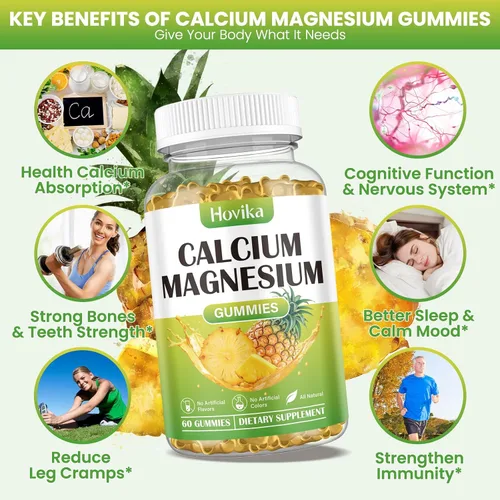 Vista 3 de Gomitas de calcio y magnesio y zinc, proporción 2:1 de calcio y magnesio con vitamina D3, K2, B6, B12 para fuerza ósea, función muscular y salud