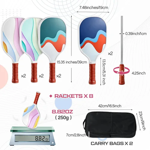Vista 2 de Juego de 8 palas de paddleball de madera, raqueta ligera con agarre ergonómico y 2 bolsas de transporte para jugadores de todos los niveles, hombres