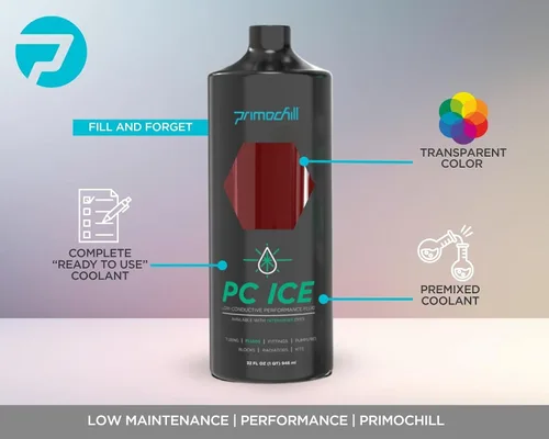 Vista 3 de PrimoChill Hielo - Refrigerante de refrigeración por agua para computadora, rellena y olvida, baja viscosidad, bajo contenido químico, protección