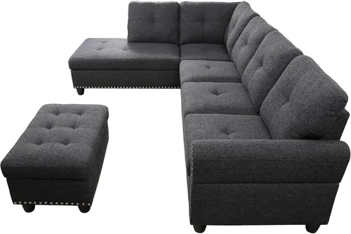 Vista 3 de EMKK Sofá modular de 3 piezas, juego de muebles de sala de estar, sofá esquinero tapizado de 5 plazas en forma de L, 1 diván gris oscuro