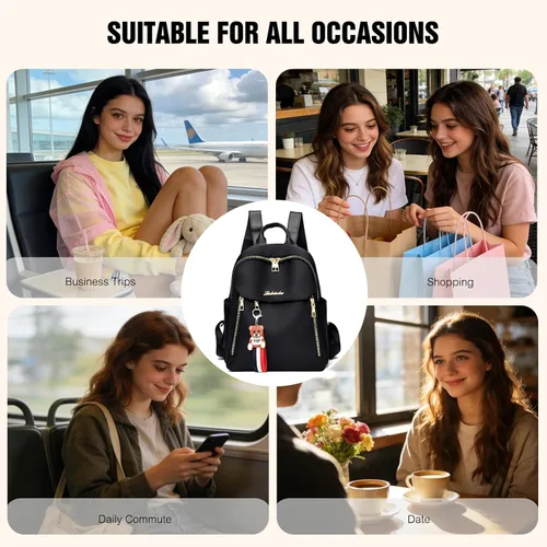 Vista 7 de FANDARE Mochila para mujer con dijes desmontables de piel sintética para laptop, Negro, Grande
